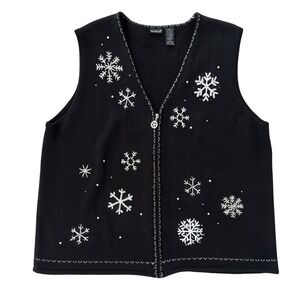 Northcrest‎ Black Snowflake Zipper Vest 2X Cozy Winter Holiday Fair Isle Knit